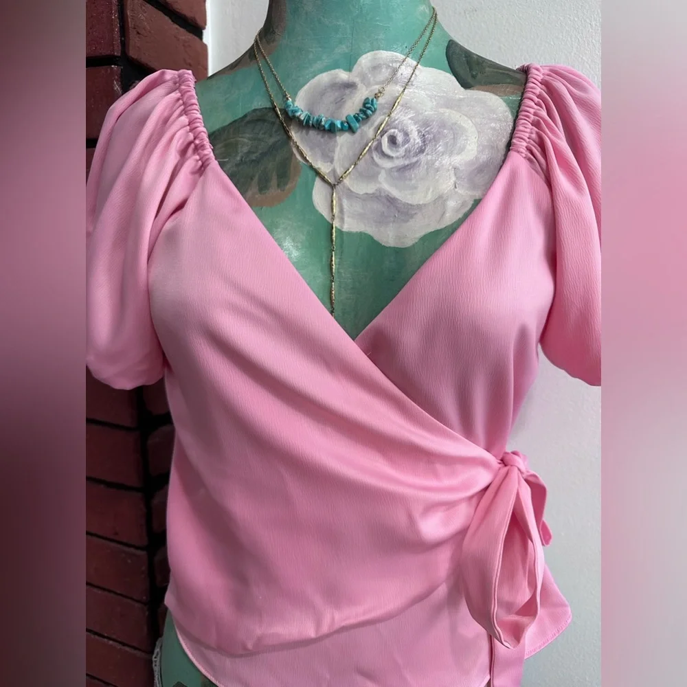 WAYF Tie Waist wrap blouse, pink, size XS - Picture 3 of 7